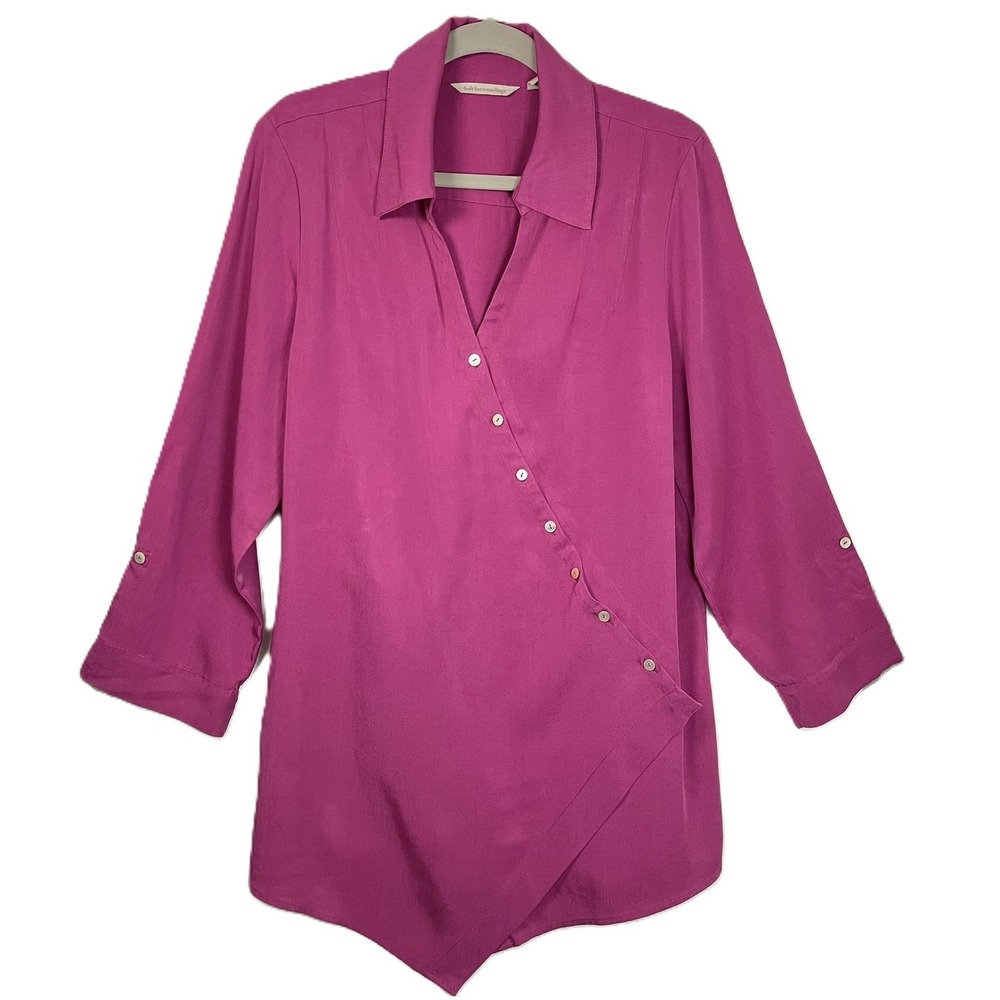 Soft‎ Surroundings Size L Magenta Pink Wrap Blouse Asymmetric Button Tunic